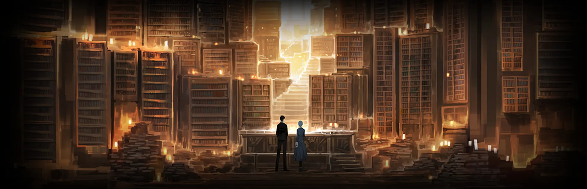 Library of Ruina 中被书架与烛光环绕的图书馆大厅